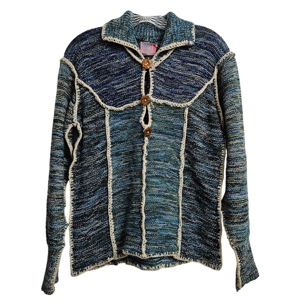 Appendagez Sweater Women Med Blue Space Dye Crochet Trim Vintage Boho Western